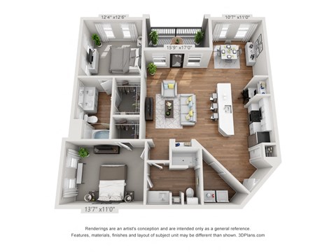 a 1 bedroom floorplan is shown in this rendering